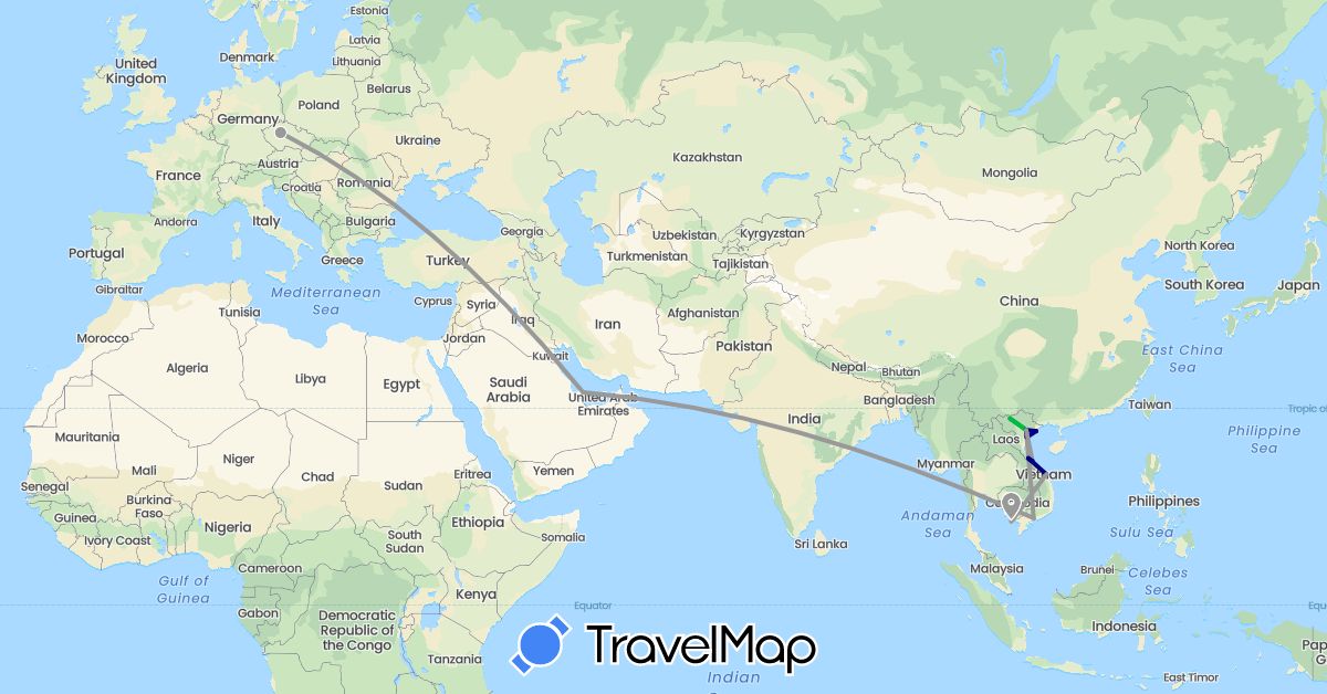 TravelMap itinerary: driving, bus, plane in Czech Republic, Qatar, Vietnam (Asia, Europe)